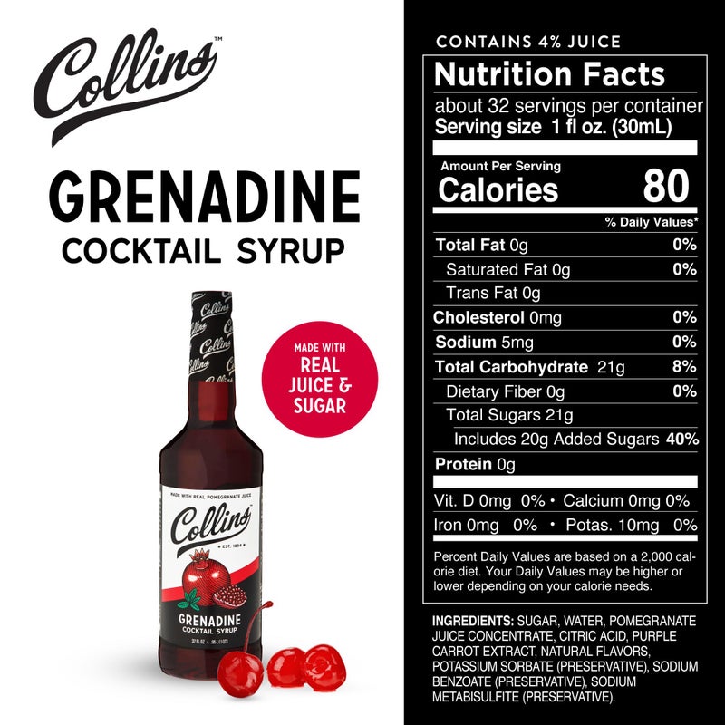Collins Chicago Collins Grenadine Syrup, Real Pomegranate Juice and Sugar, Craft Cocktail Syrup, Drink Mixers, 32 oz - Image 4